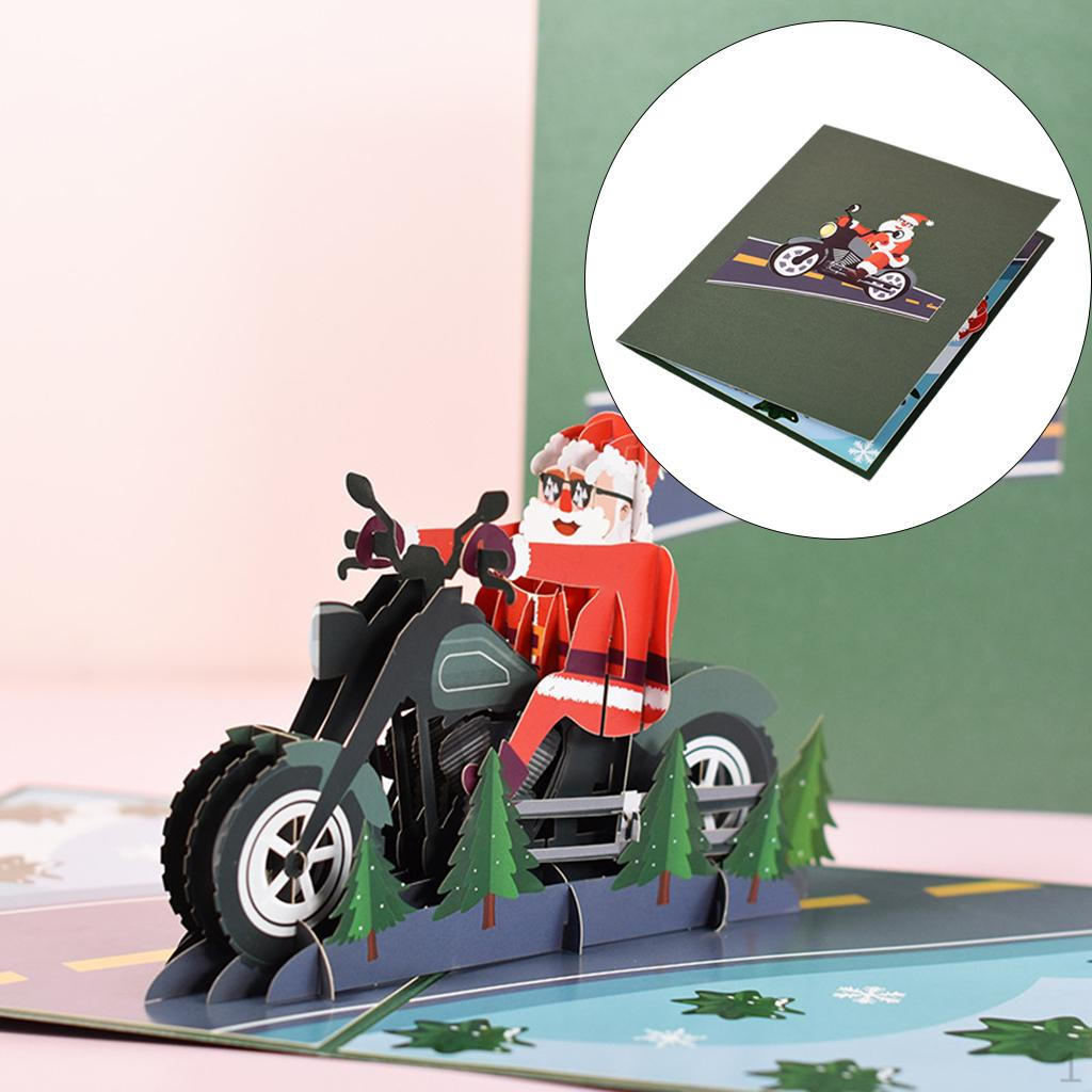 Santa Claus Riding Motrobike 3D Christmas Cards with Envelope Wishes Greeting Invitations