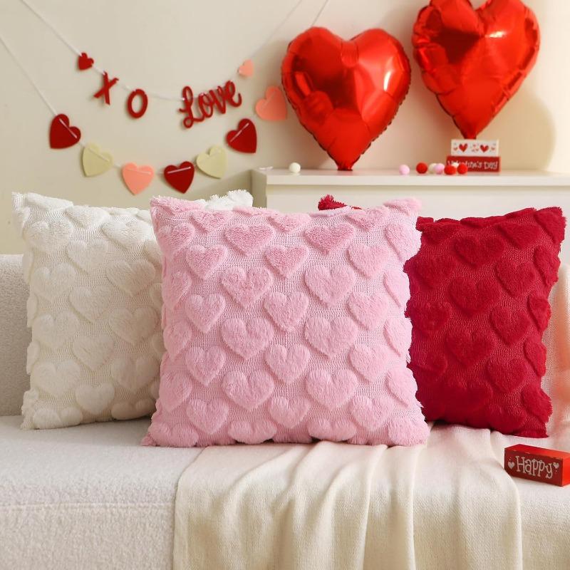 Valentine Day Heart Pillow Cover 3D Plush Embroidery Shamrock Cushion Living Room Sofa Bedding Accent Decor Throw Case