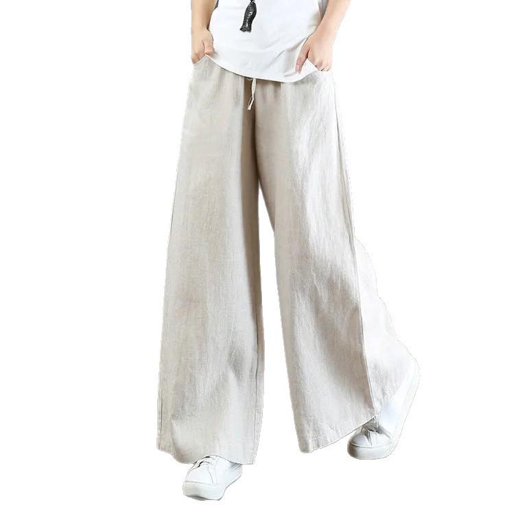 2025 Spring/Summer Women's Cotton Linen Wide-Leg High-Waist Floor-Length Pants, Artistic Loose Fit Plus Size.