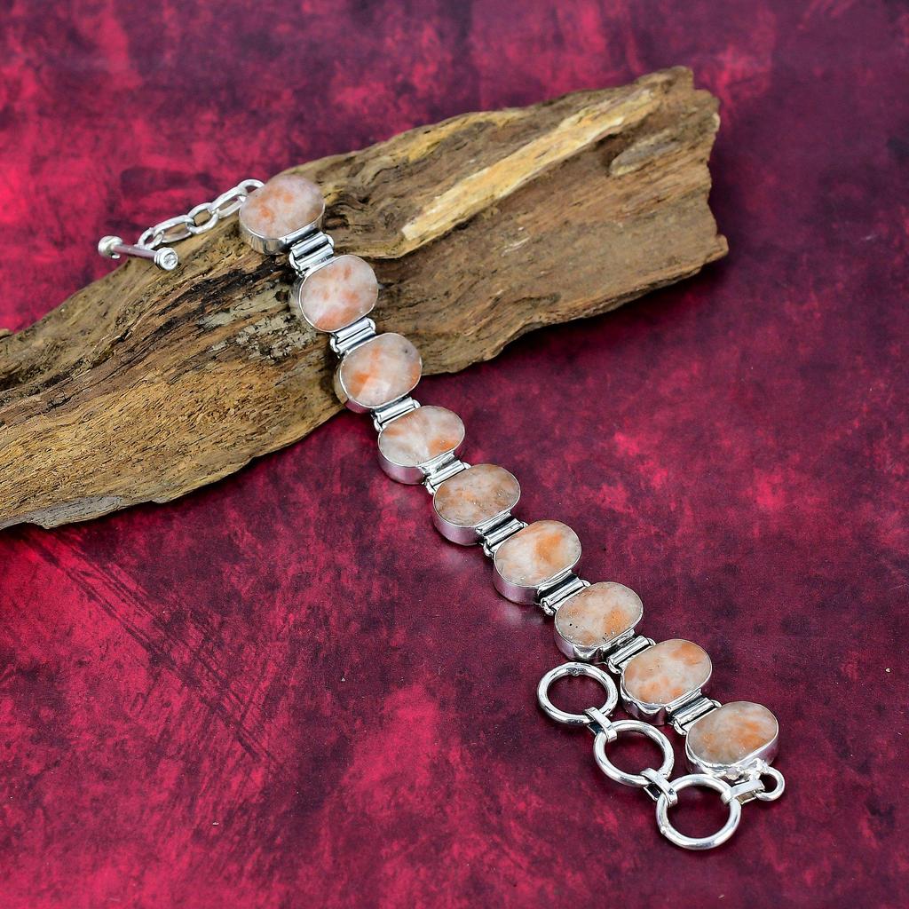 Sunstone 925 Solid Sterling Silver Bracelet, Handmade Gemstone Bracelet Jewelry, Gifts For Wife Brand New Bracelet