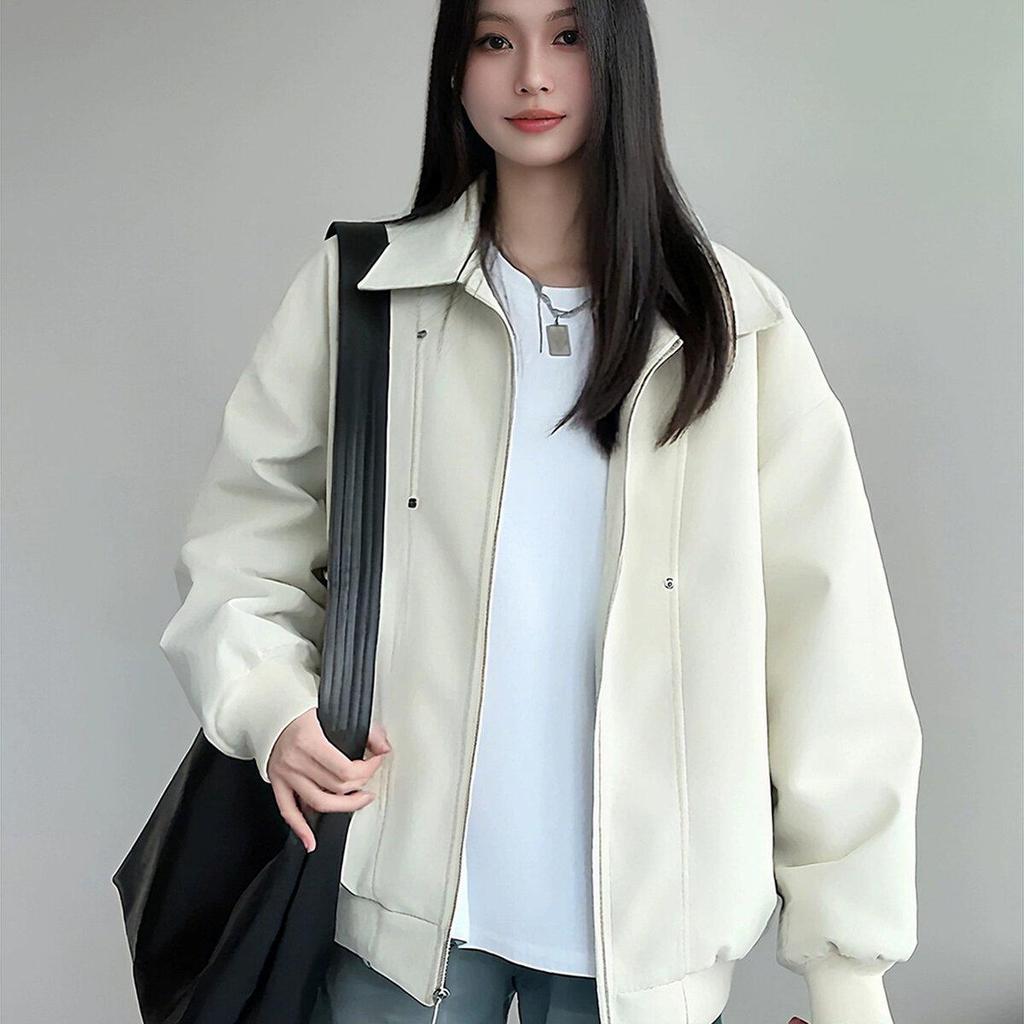 Off-White PU Leather Padded Men's Autumn Winter Motorcycle Jacket, Thickened Cotton Baseball Style for Couples