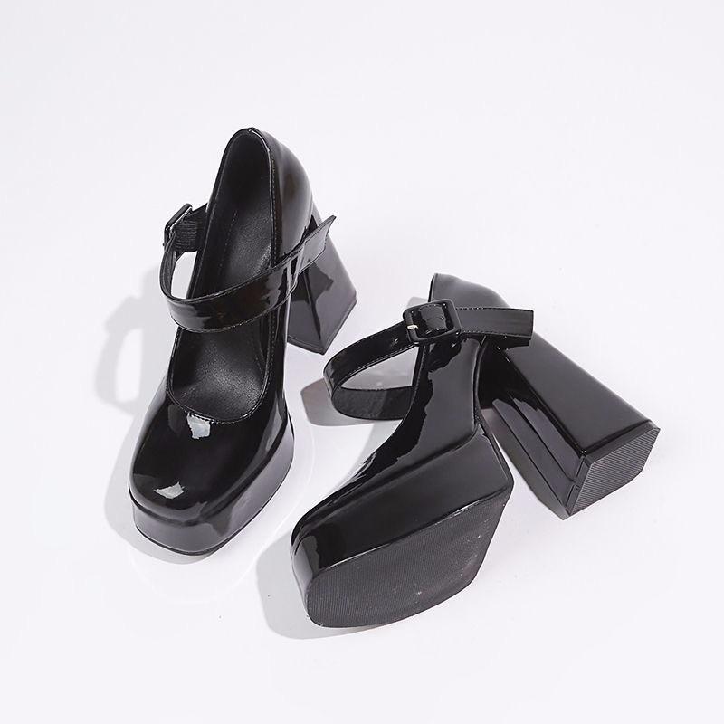 American Style Mary Jane High Heels Women's Black JK Shoes Ultra High Heel Comfortable PU Leather Fashionable Minimalist