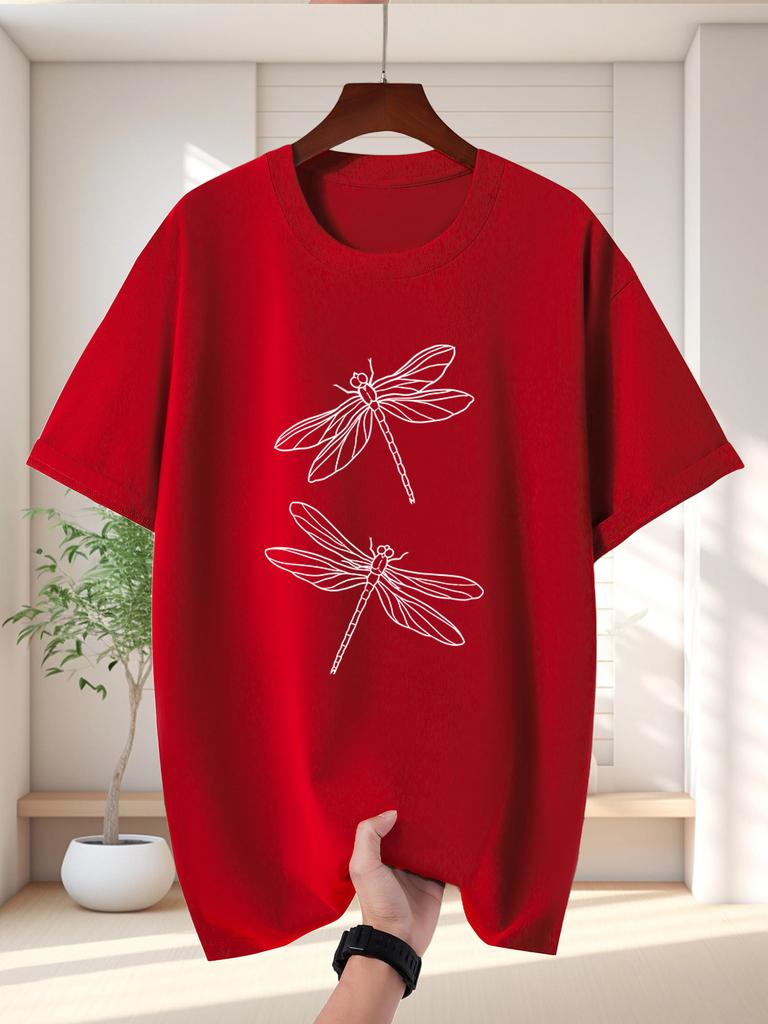 Unisex Navy Blue Tee Two Dragonfly Minimalist Line Art Print Crew Neck Short Sleeve Summer Casual Male Cotton Street Daily Top