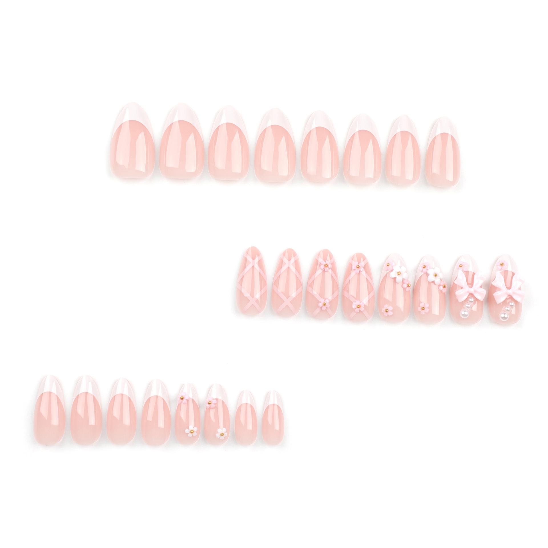 

24Pcs Sweet Pink Bow Manicure Flower French White Fake nails pres on nails