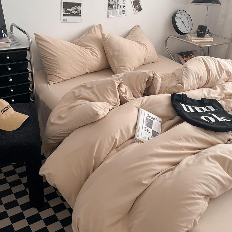 Bettwäsche-Set aus gewaschener Baumwolle 4-teilig Bettlaken-Set Einfarbig Bettbezug Paar Queen King Size Bett Steppdeckenbezug