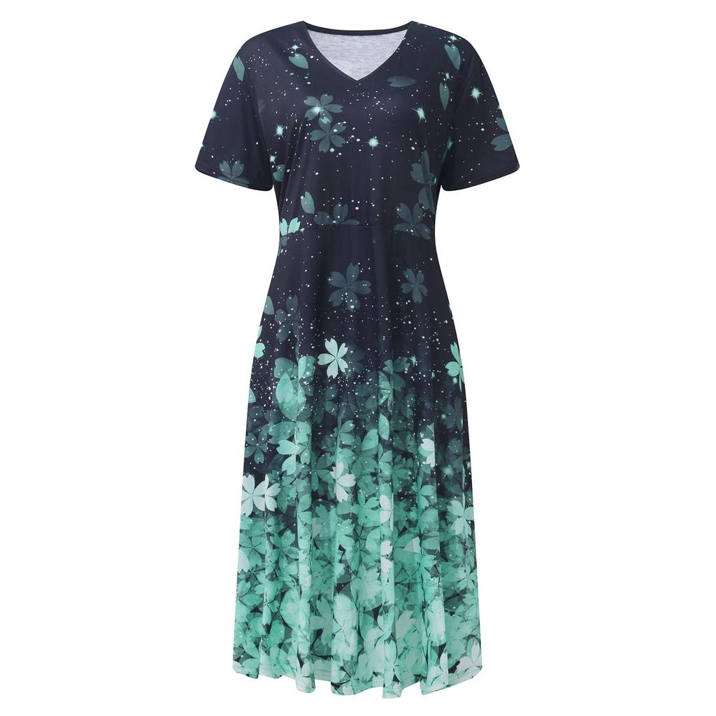 Women's Summer Casual Fashion Floral Print Short Sleeve V-Neck Swing Dress