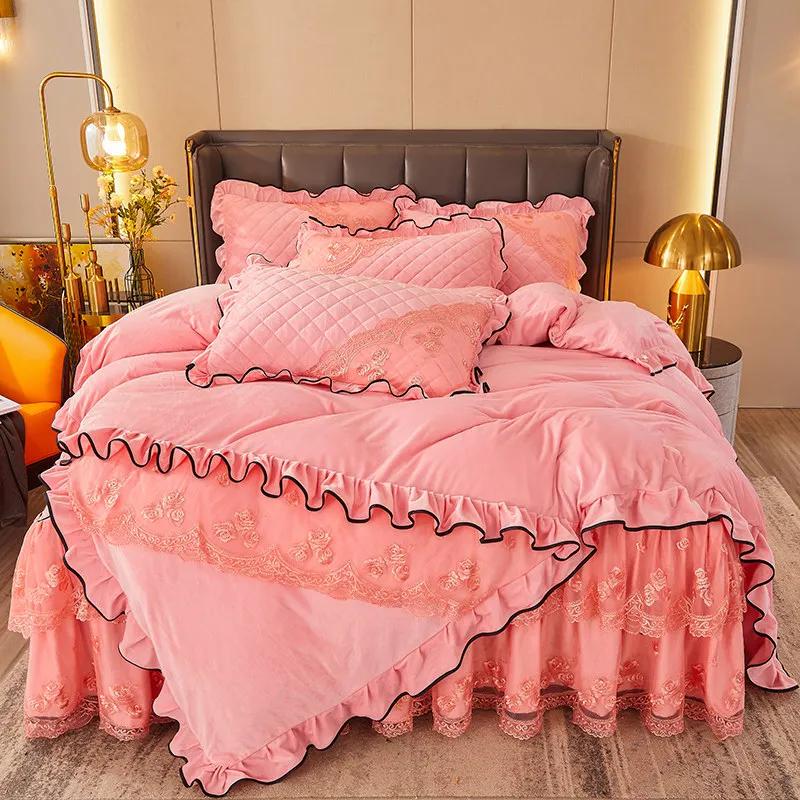 AI WINSURE-French 4pcs Bedding Set, Velvet Duvet Cover, Lace Bedspread, Queen Double King Size, Luxury, Soft Thick, for Winter