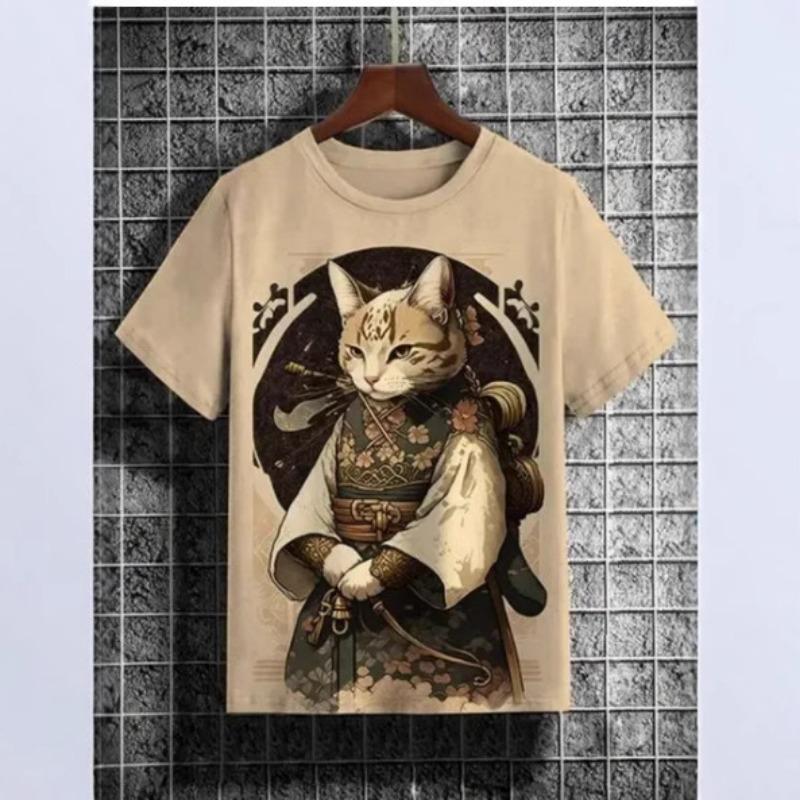 Summer Round Neck 3D Warrior Cat Printed Top Fashionable Casual Short Sleeved Men's T-shirts