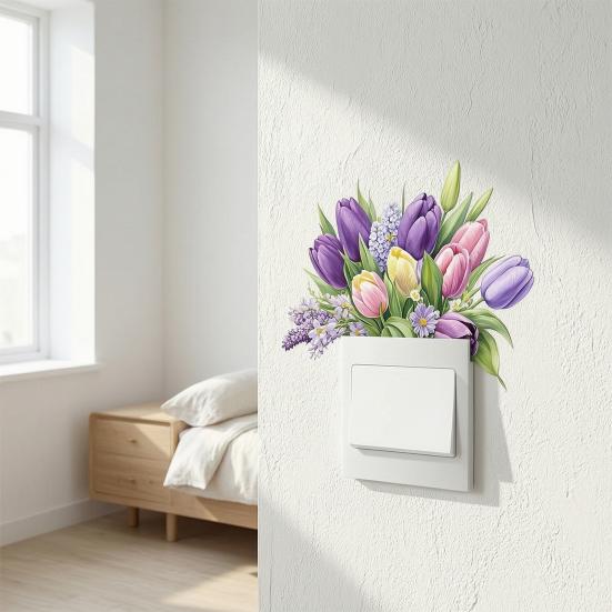 Yousheng Watercolor Tulip Flower Switch Sticker, Removable Floral Wall Decal for Light Switch, Outlets, Ledge, Bedroom, Living Room, Classroom Decor