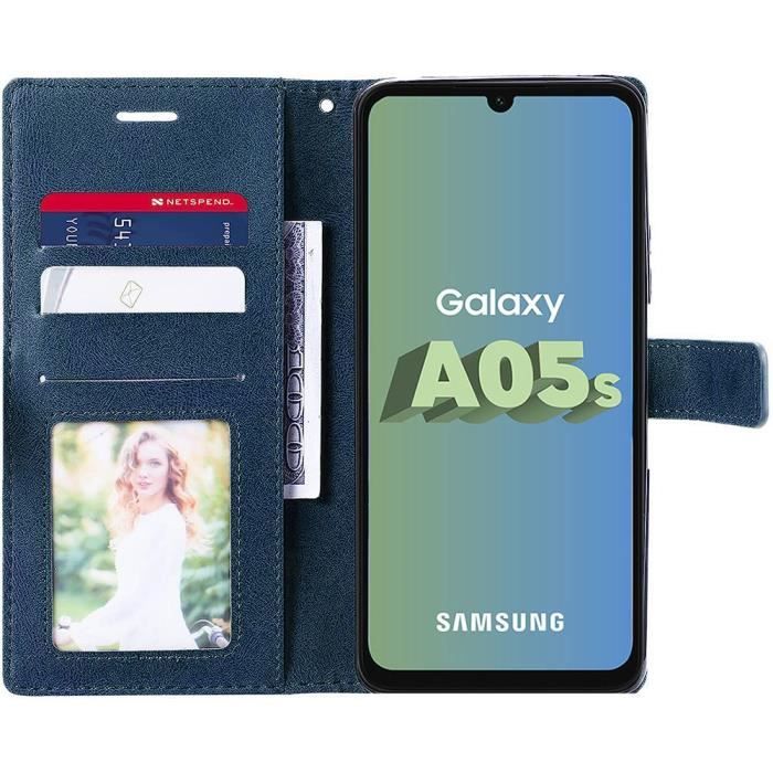 Coque pour Samsung Galaxy A05s - BOOLING - Semi-rigide - Synthécuir - Rabat - Bleu Marine avec 2 Verres Trempés