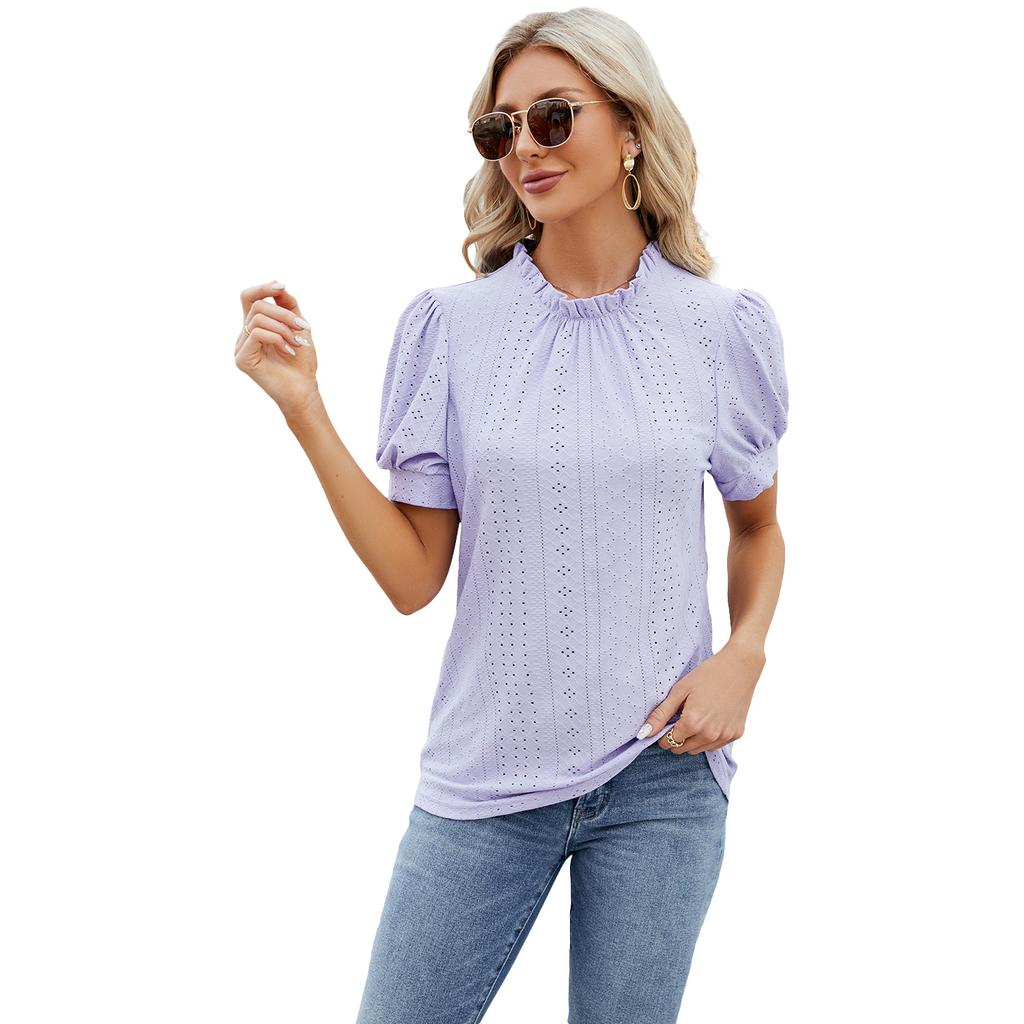 Summer Women's T-shirt Lace Neck Bubble Sleeve Loose Pleated T-shirt