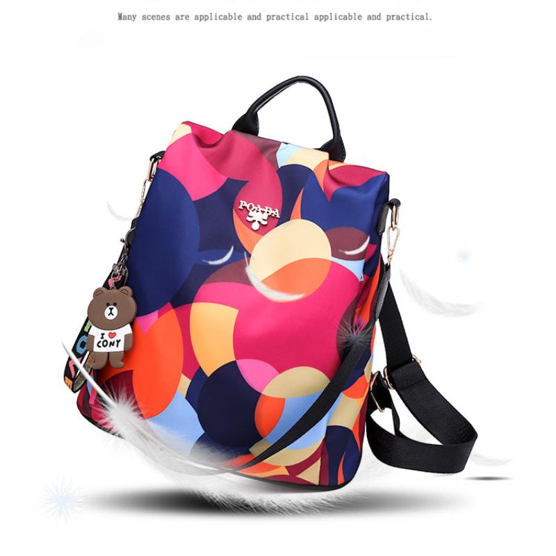 Outdoor Leisure Female Travel Bags Trendy Multiple Purpose Women's Backpack with Bear Pendant Colorful Printed Quality Oxford Shoulders Bag for Mother