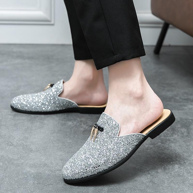 New Luxury Tassels Sequin Half Shoes For Men Designer Mules Casual Slides Slippers Sandals Male Mocassins