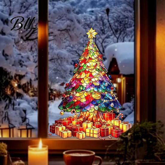 Reusable Holiday Window Film Stained Glass Style Christmas Tree Stickers, Removable PVC Static Cling Decals for Waterproof Seasonal Wall Art