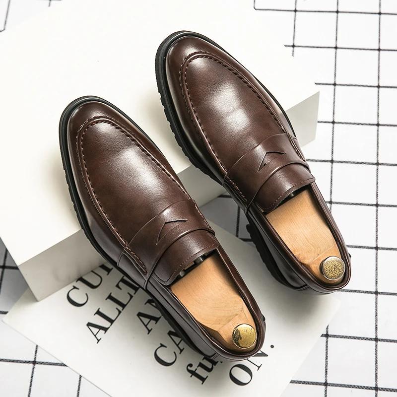 Men Thick Soled Loafers Shoes Leather Dress Shoes Men Outdoor Walking Shoes Comfortable Men Party Wedding Office Large Size Shoe