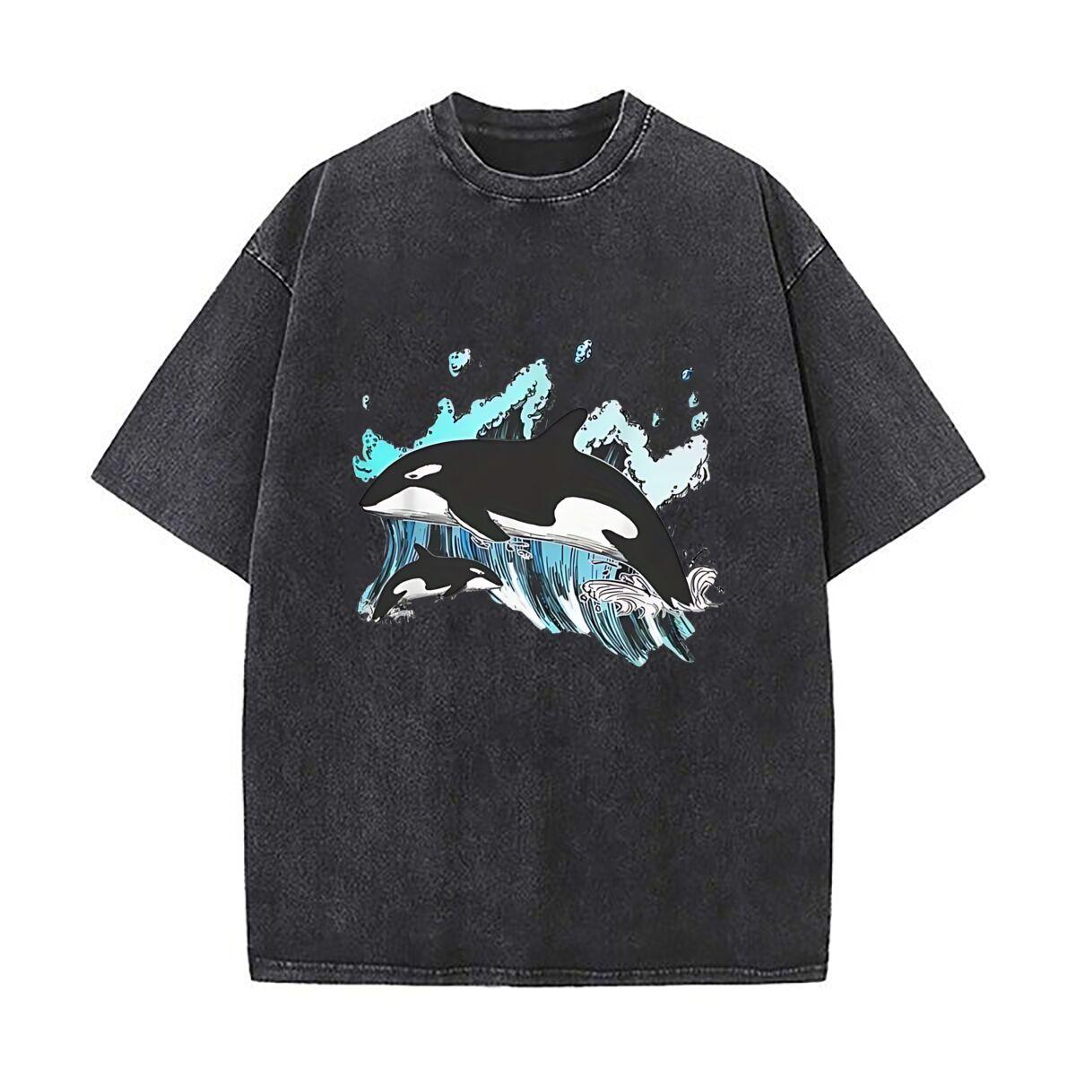 Orca Aquatic Sea Ocean  Heavy Men Washed Casual Cotton Short Sleeve Acid Wash Top S