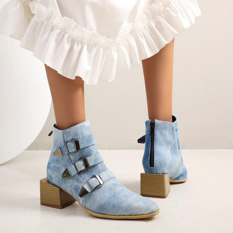 Womens Pointed Toe Chunky Heel Ankle Boots - Motorcycle Style Short Winter