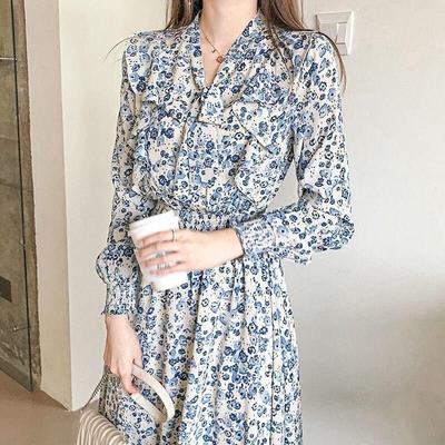 Frühling Sommer Mode Vestidos Weibliche Vintage Print Floral Elastische Taille A-line Lose V-ausschnitt Chiffon Kleid Frauen Casual Kleider