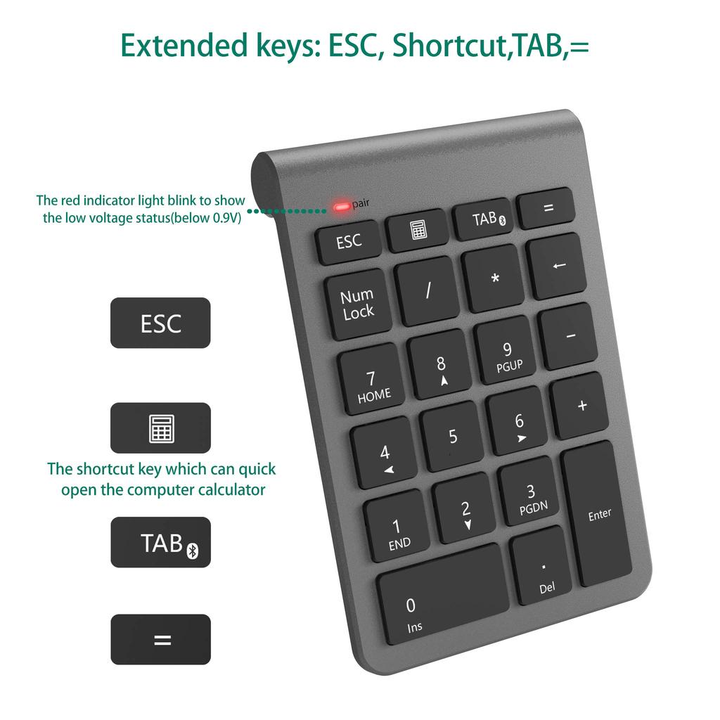 Kabelloser Bluetooth 22-Tasten-Nummernblock mit Tab-Taste, Kompatibel mit mehreren Geräten, PC-Laptop usw.