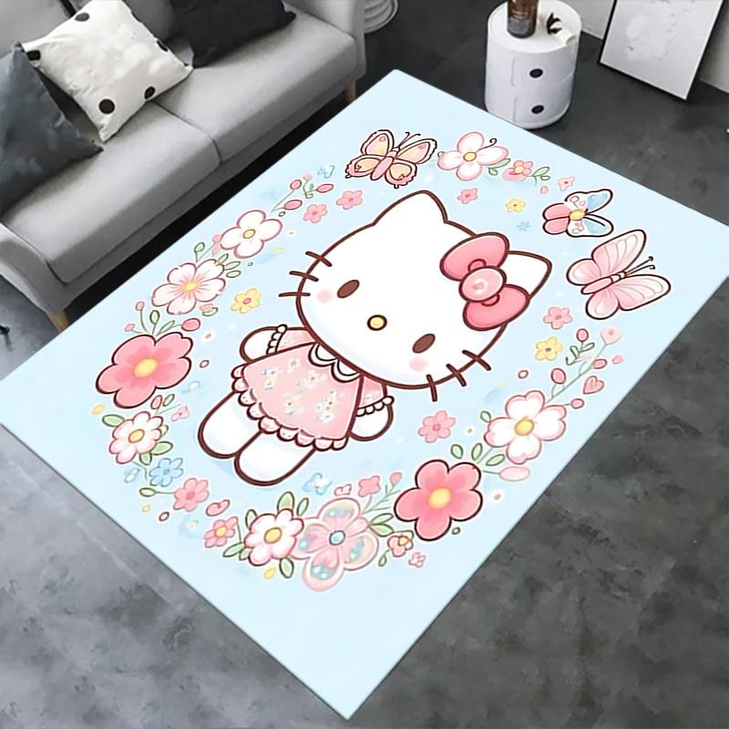 Office Rug Hello Kitty, Floral Anti-Slip Rug, Machine Washable for Living Room, Bedroom, Office, Multiple Sizes, Bedroom Mat, Decorative Mat, Durable