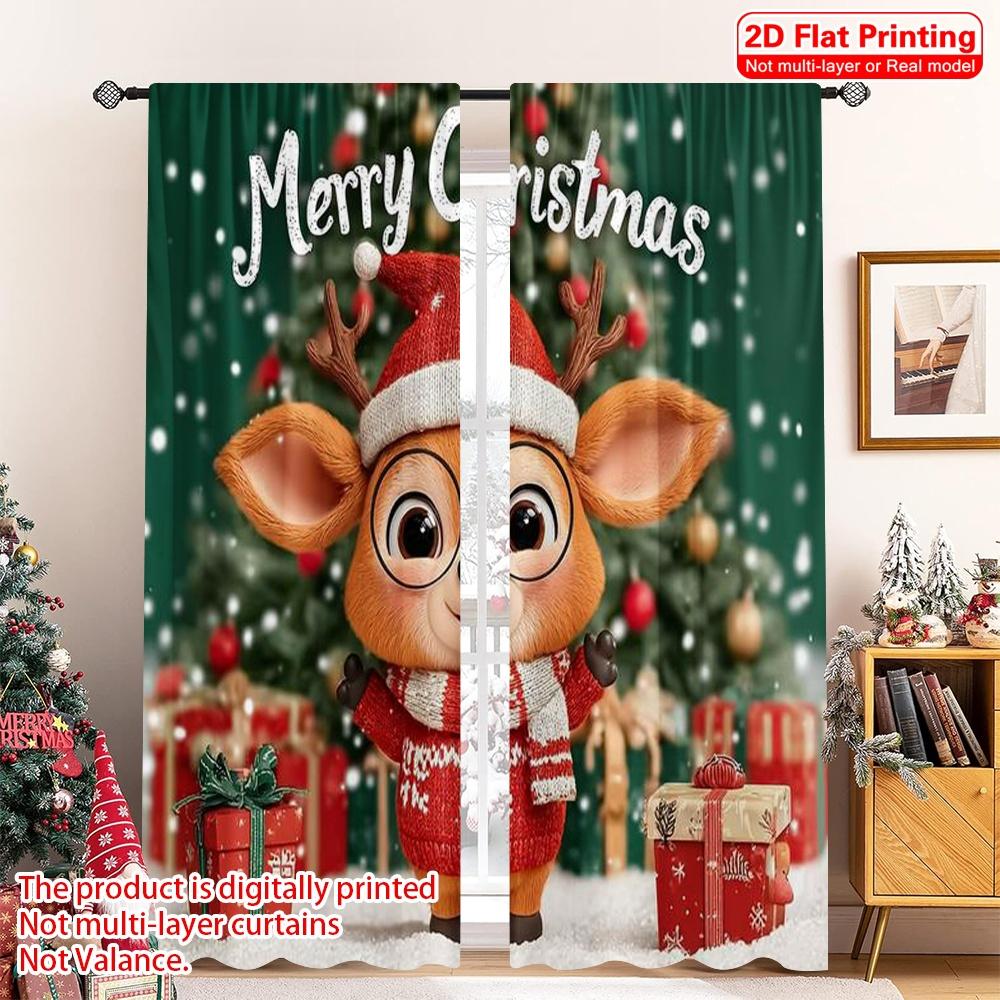 

Set Of 2 Flat Printing Merry Christmas Party Curtains Reindeer Snowflakes Durable Polyester Without Electricity Festive Holiday Made W100*H70(CM)-Grommet top&2PCS