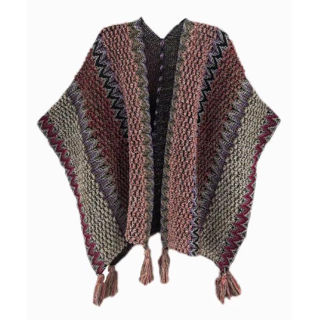 Shawl Wraps for Women Boho Knit Poncho Ladies Rainbow Casual Loose Striped Fringe Blanket Scarf