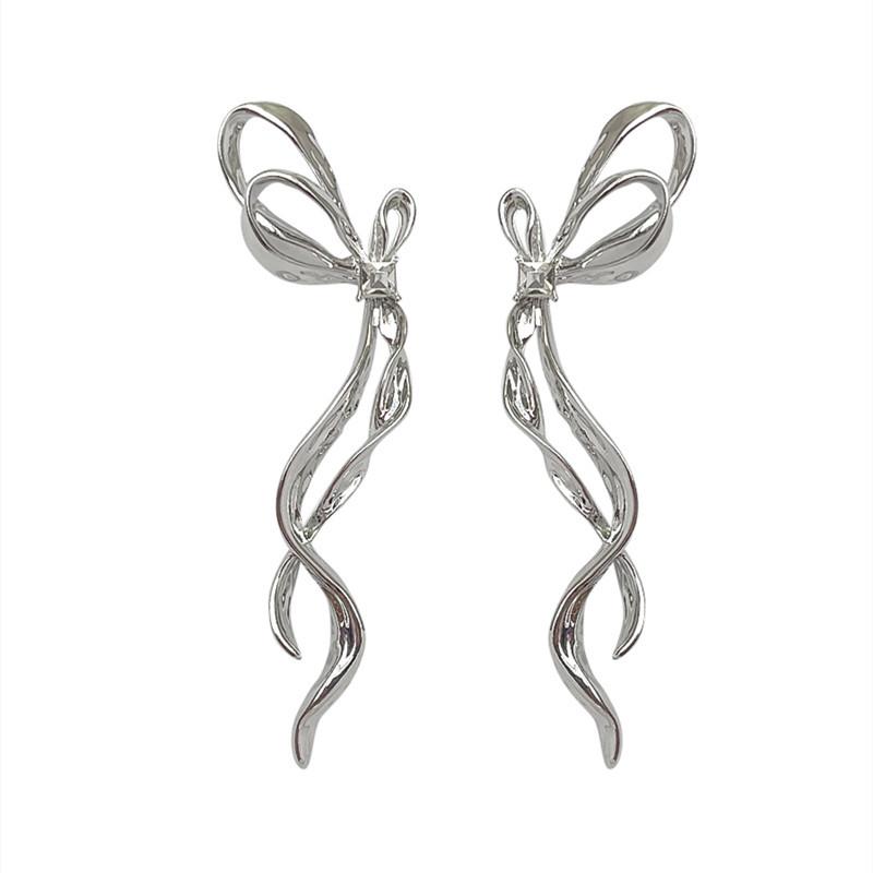 Korean-Style Creative Ribbon Bow Liquid Silver Earrings for Women