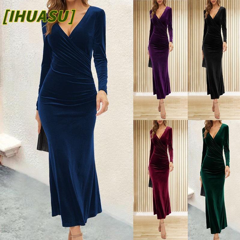 IHUASU Fashion Autumn Winter Solid Color Print Long Sleeve V-Neck Casual Dresses International design