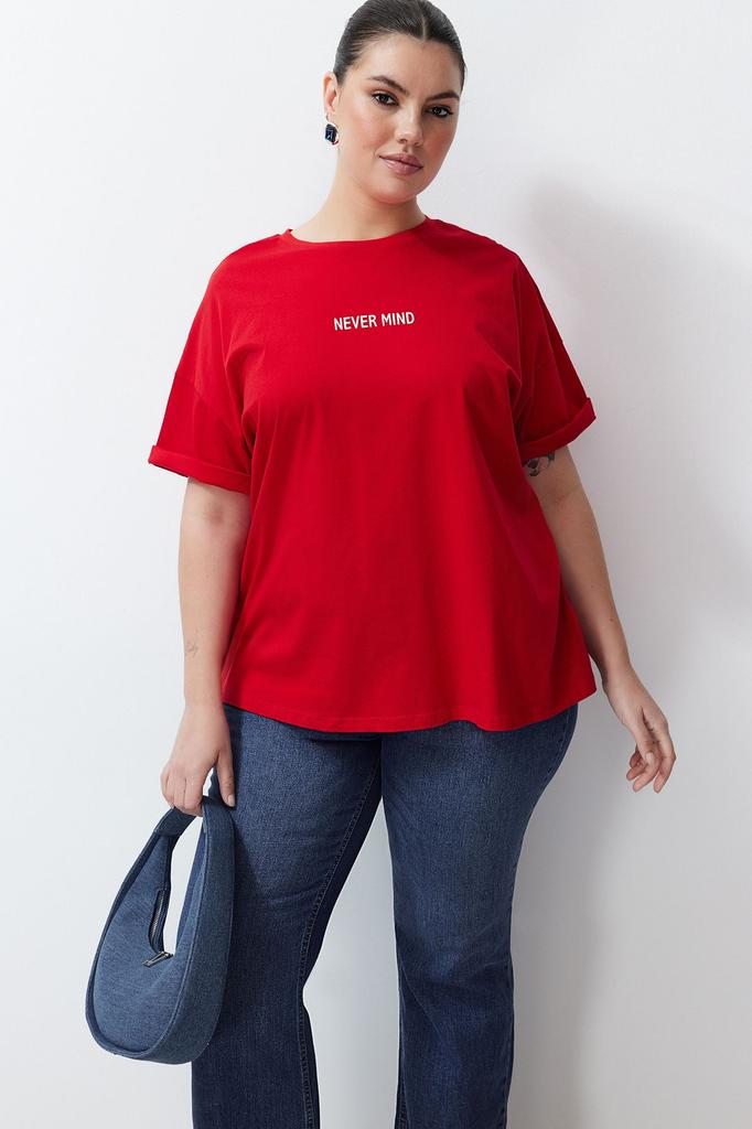 Damska Koszulka Dzianinowa Oversize w Dużym Rozmiarze z Czerwonym Napisem