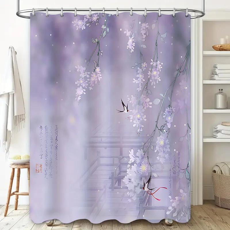 

Elegant Purple Blossom Shower Curtain With Traditional Asian Art Design For Bathroom Decor Waterproof Durable Non Transparent W60H190(CM)-1 Pcs