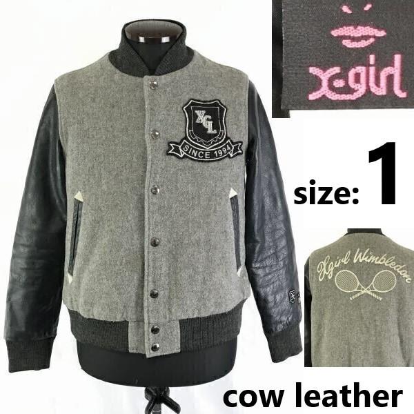 

X-girl Leather Sleeve Stadium Jacket Wimbledon Print S Women Gray/Black(USED)