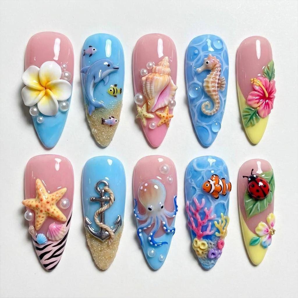 24 STKS Cartoon 3D Octopus Zeester Ontwerp Amandel Press-on Nagels Zomer Zeester Blauw Franse Nep Nagels voor Vrouwen Draagbare Manicure