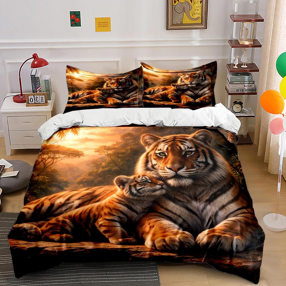 Tigers with cub in warm forest Bedding Set for Kids Luxury Gift 3pcs Digital Print Comforter Set Soft Comfortable Breathable