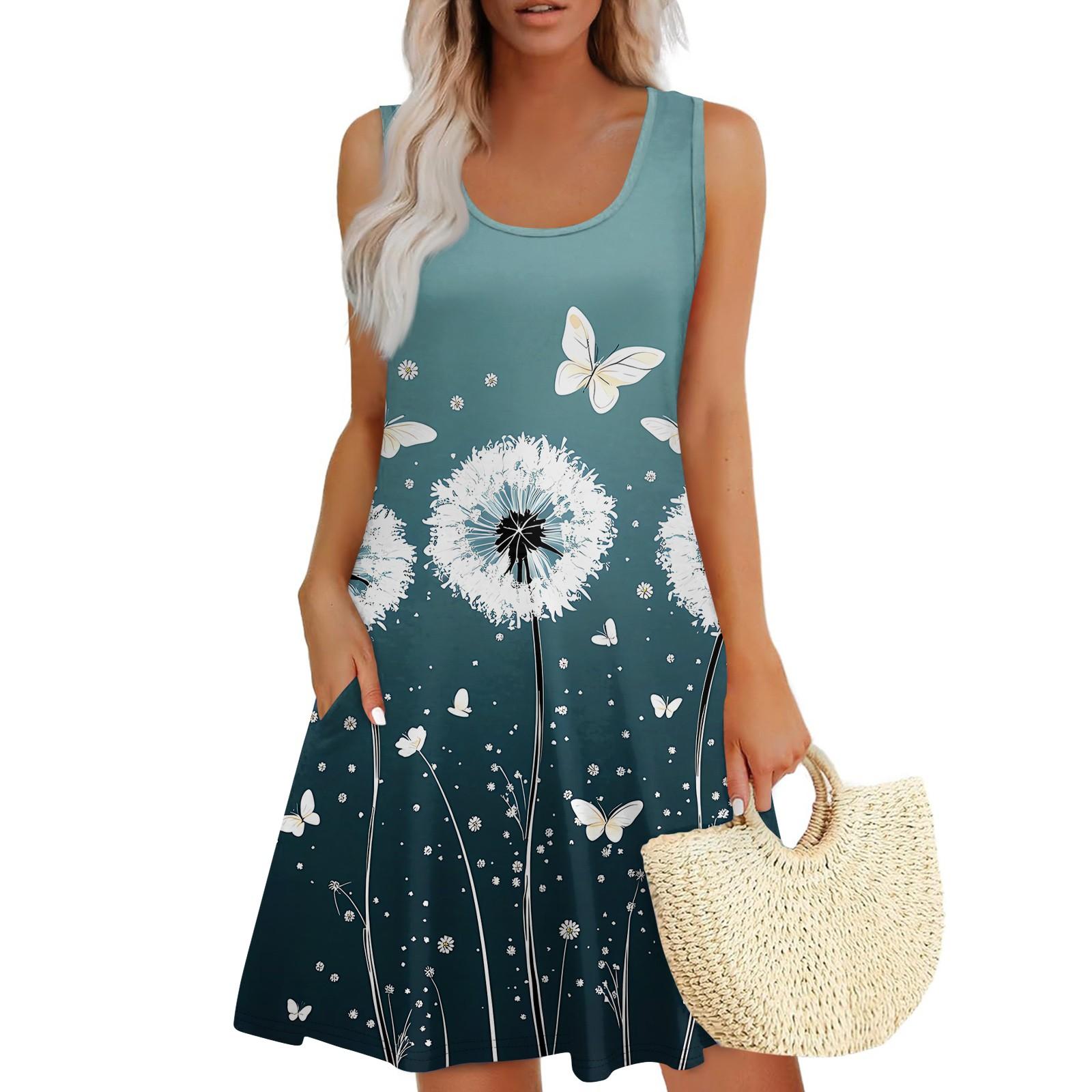 

Женское летнее повседневное платье с U-образным вырезом и цветочным принтом, платье без рукавов с карманами XXXL циан