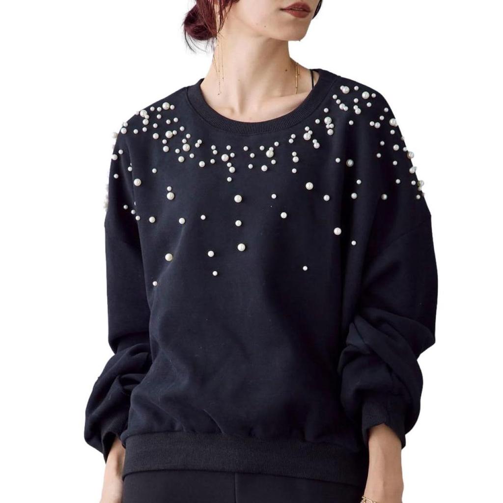 Pearl Sweatshirt Volume Round Loose [Blue Beryl] [Limited Stock] [Blue Beryl] Women's Pullover, Sleeves, Neck, Off-the-Shoulder, Fit, Black,