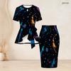 Women Plus Size Galaxy Printed Round Neck Short Sleeve Tie Waist Top Fitted Skirt Two Piece Set