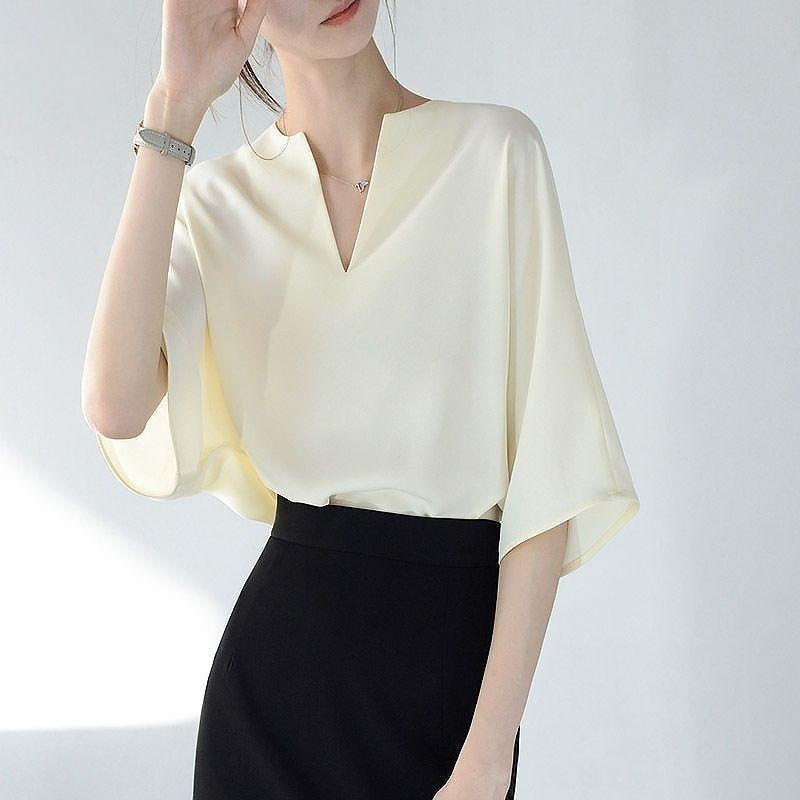 Classic Solid Color Office Loose Blouse Women New Summer V-neck All-match Half Sleeve Chiffon Pullover Comfortable Shirt 2023