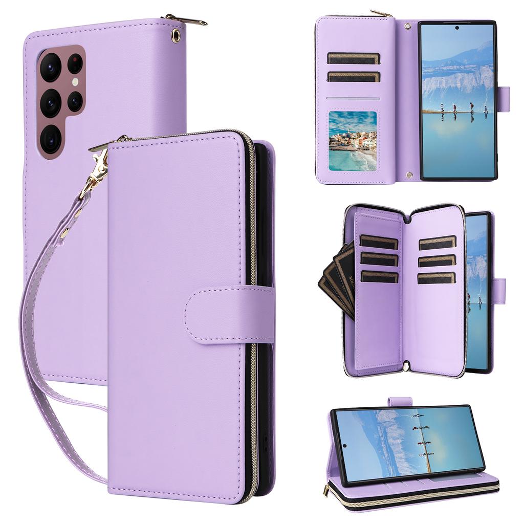R20 For Samsung Galaxy S22 Ultra 5G Leather Case Zipper Pocket Stand Phone Cover