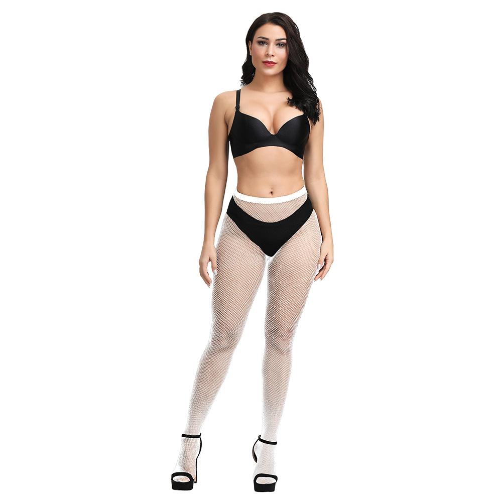 Sexy Rhinestone Fishnet Stockings Women Small Mesh Pantyhose Crystal Diamond Hollow Out Tights Sexy Lingerie Clubwear Party