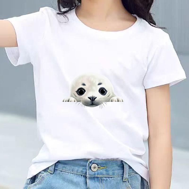Kids Cotton T Shirt Cute Peeking Seal Print Crew Neck Short Sleeve Tee Casual Breathable Boys Girls Summer Tops