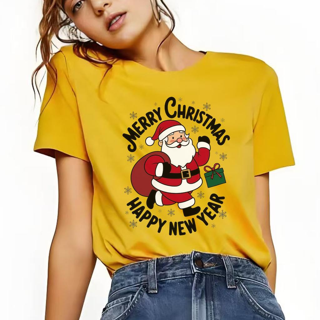 Merry Christmas  Santa Claus print pattern Tshirt  short sleeved round neck versatile Womens Tshirt