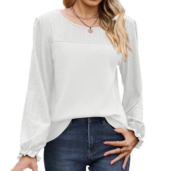 Tops de Mujer Cuello Redondo Manga Larga Abullonada Color Sólido Camiseta con Decoración Waffle Color Sólido Camiseta de Ajuste Holgado