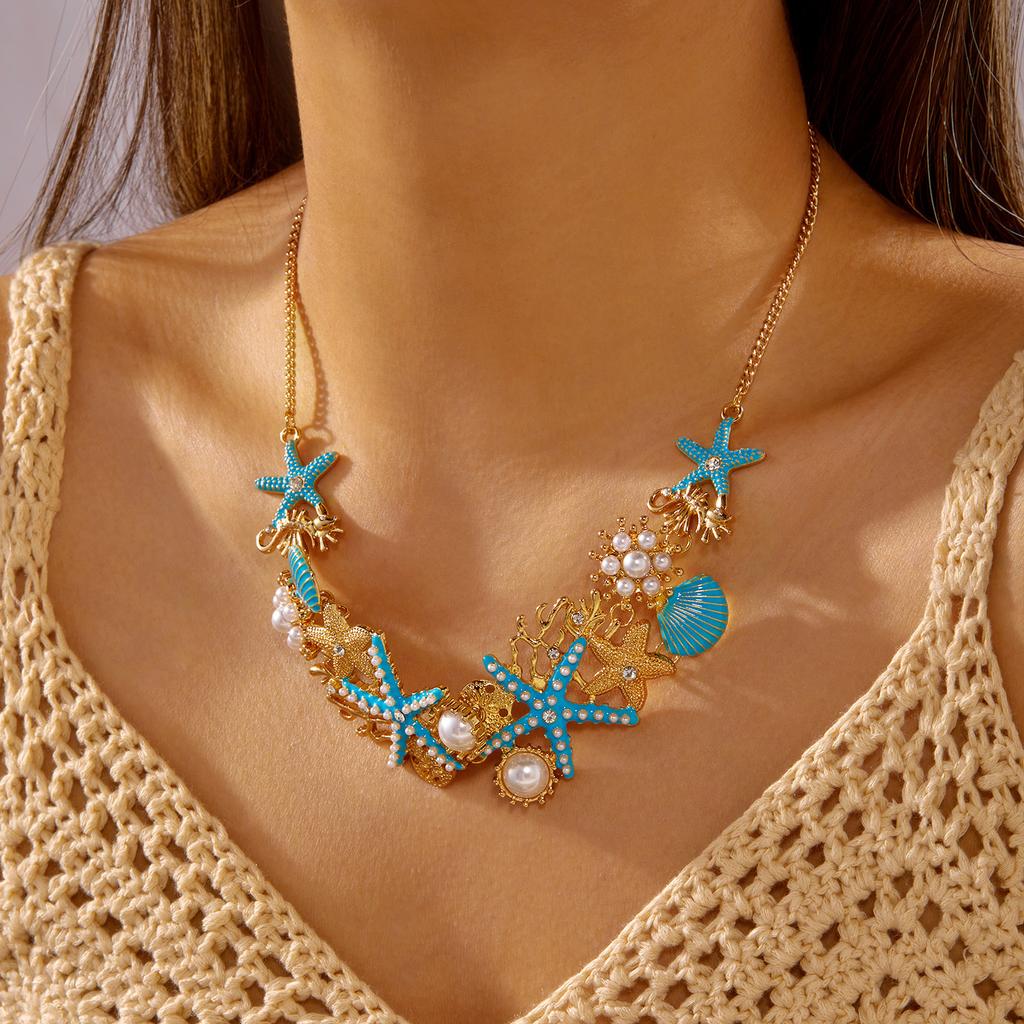 Boho Übertriebener Metall Seestern Muschel Perlen Halskette für Frauen Ozean Koralle Kammmuschel Anhänger Halskette Sommer Strand Schmuck Geschenk
