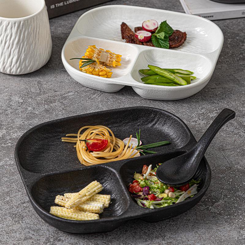Household Ceramic Plate Sets 8.5 Inch Japanese Stone Pattern Tableware Loss Weight Three Dividing Plate with Bowl Scoop Cup