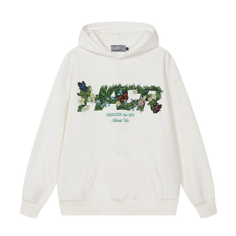 HACR Plant Harshandcruel Green Plant Embroider Florals Butterfly Couple Loose Fleece Hooded Sweater