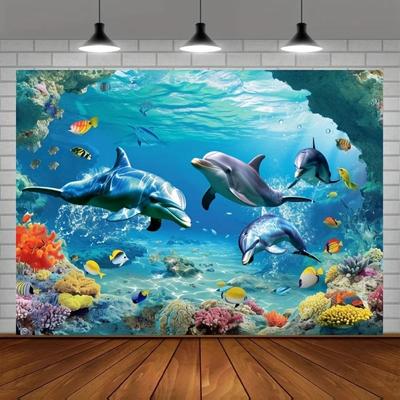 Underwater World Backdrop Undersea Pearl Shell Tropical Fish Dolphin Turtle Coral Deep Sea Sunlight Photography Background Props