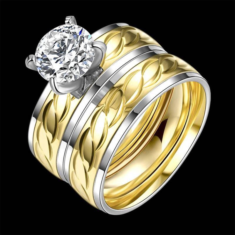 

Stylish Gold Titanium Steel Ring For Couples Featuring Hidden Zircon Stone Design