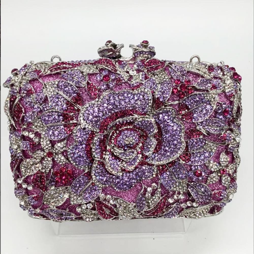 WHTUOHENG Floral White/Pink Red Diamond Wedding Women Clutch Bags Dinner Banquet Clutches Crystal Chain Evening Purses Handbags