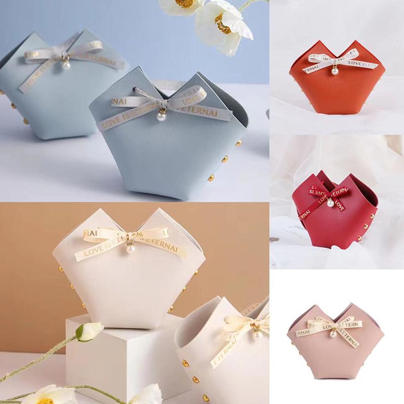 10/20PCS Leather Gift Bags Bow Ribbon Packaging Bag Wedding Favour Distributions Bags Christmas Candy Packaging Box Mini Handbag