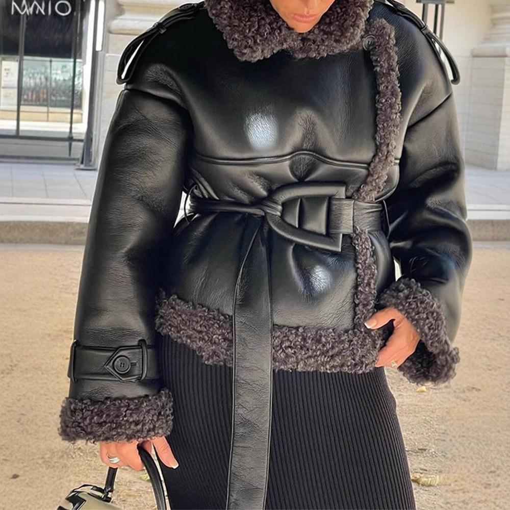 

Black Elongated Fur Coat with Belt Casual and Fashionable Street Jacket S